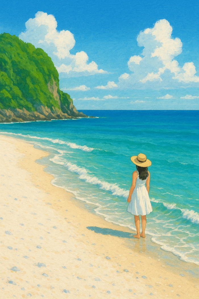 서빈백사 에서 한여자가 걸어가는 그림