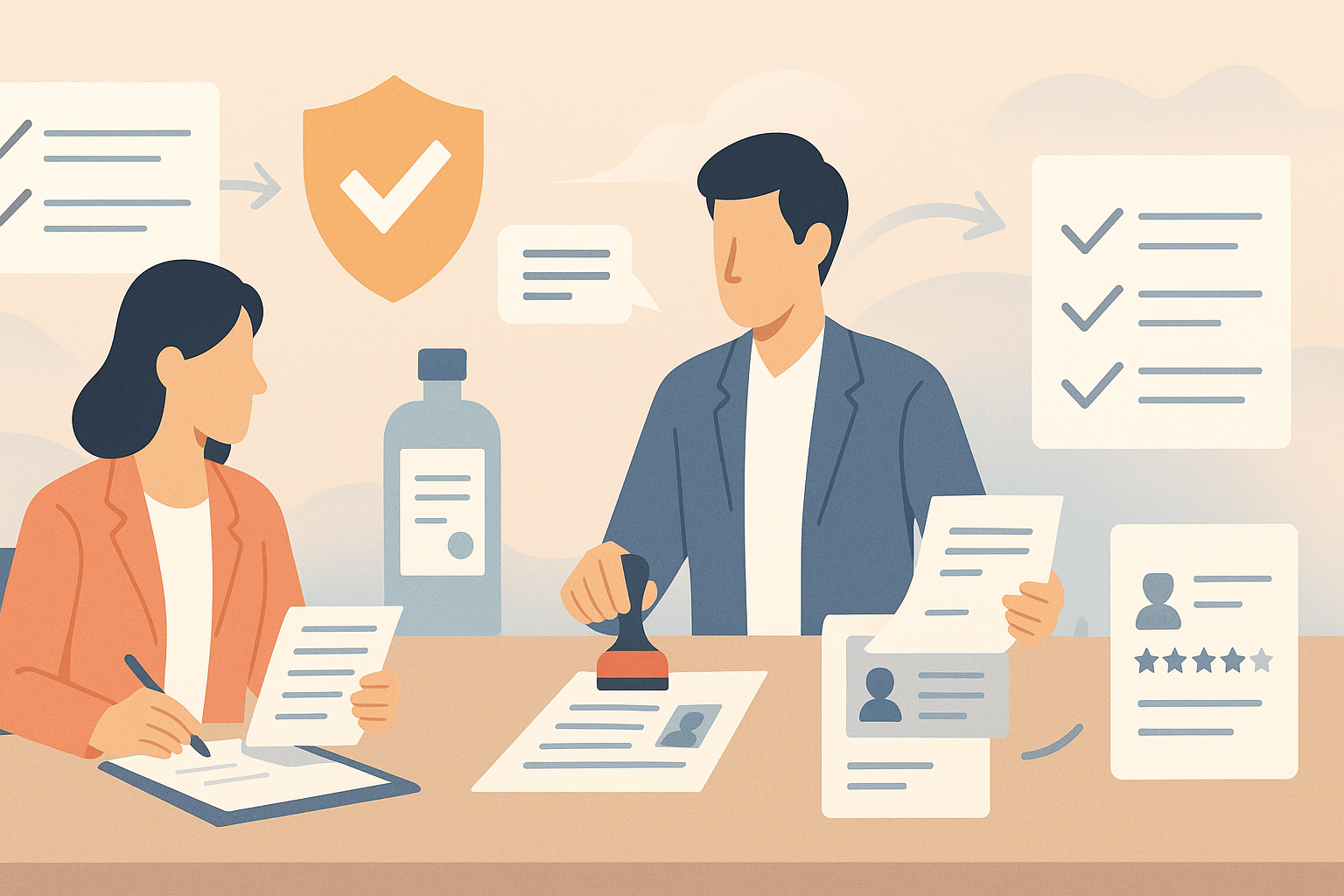 규제 컴플라이언스를 상징하는 와이드 일러스트로, 한국인 전문가들이 문서 검토와 승인 스탬프 작업을 수행하고 주변에 체크리스트&middot;보호 방패&middot;제품 병 아이콘과 흐름 화살표가 배치되어 화장품 표시&middot;광고 과대표현, 의약품 오인 광고 금지, 내부 승인 프로세스와 사전 점검 흐름을 차분하게 표현한 장면.