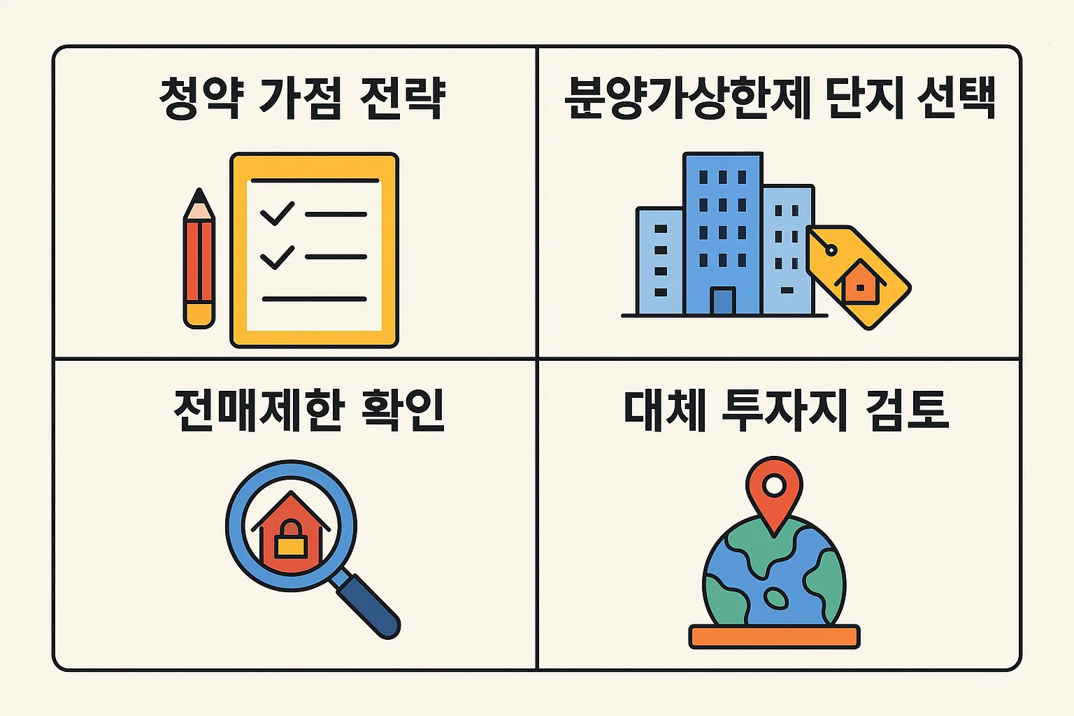 청약 가점 전략, 분양가상한제 단지 선택, 전매제한 확인, 대체 투자지 검토 등 실수요자 중심의 전략 인포그래픽.
