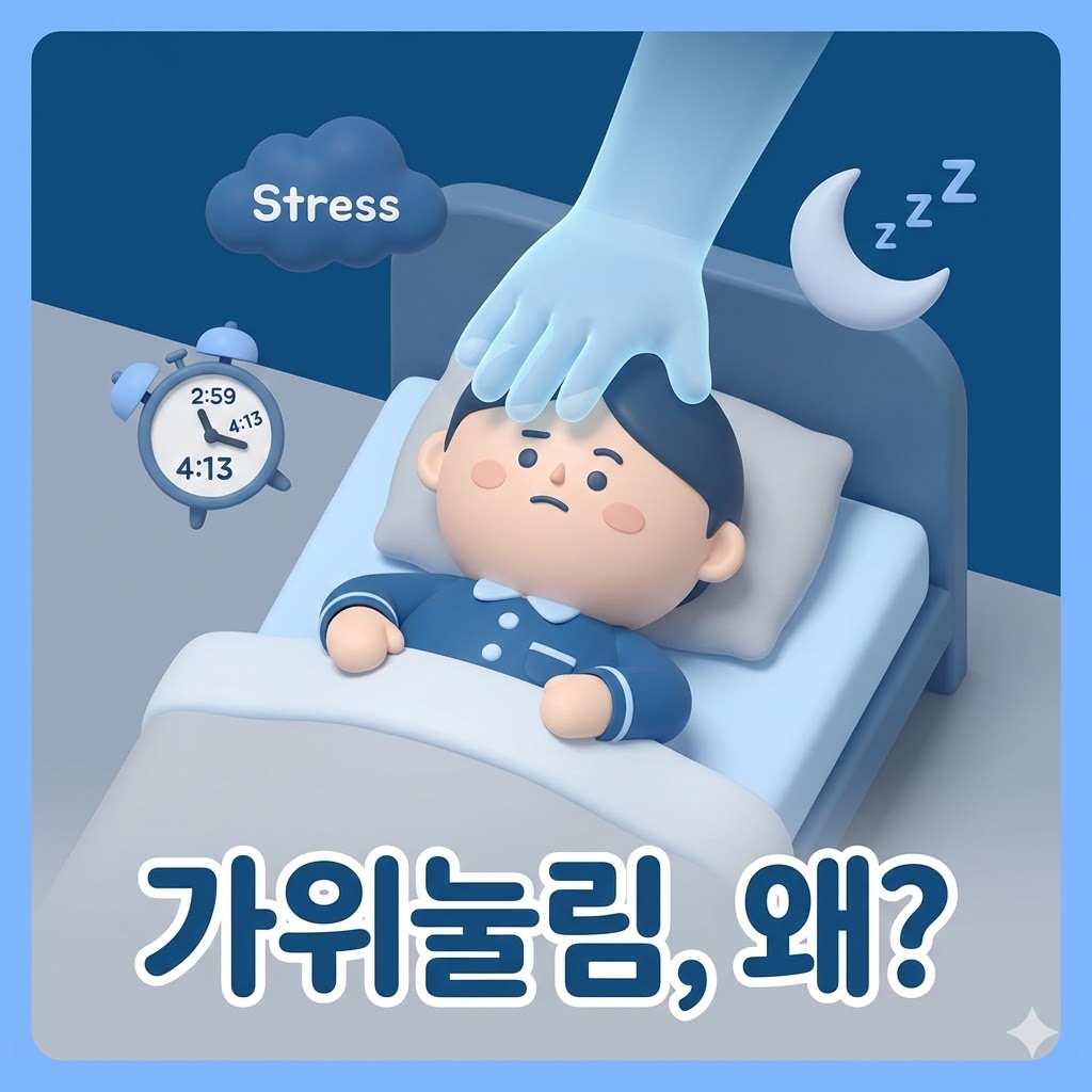 가위눌림의 원인을 귀여운 캐릭터와 비유적인 요소로 표현한 3D 카툰 일러스트 이미지.