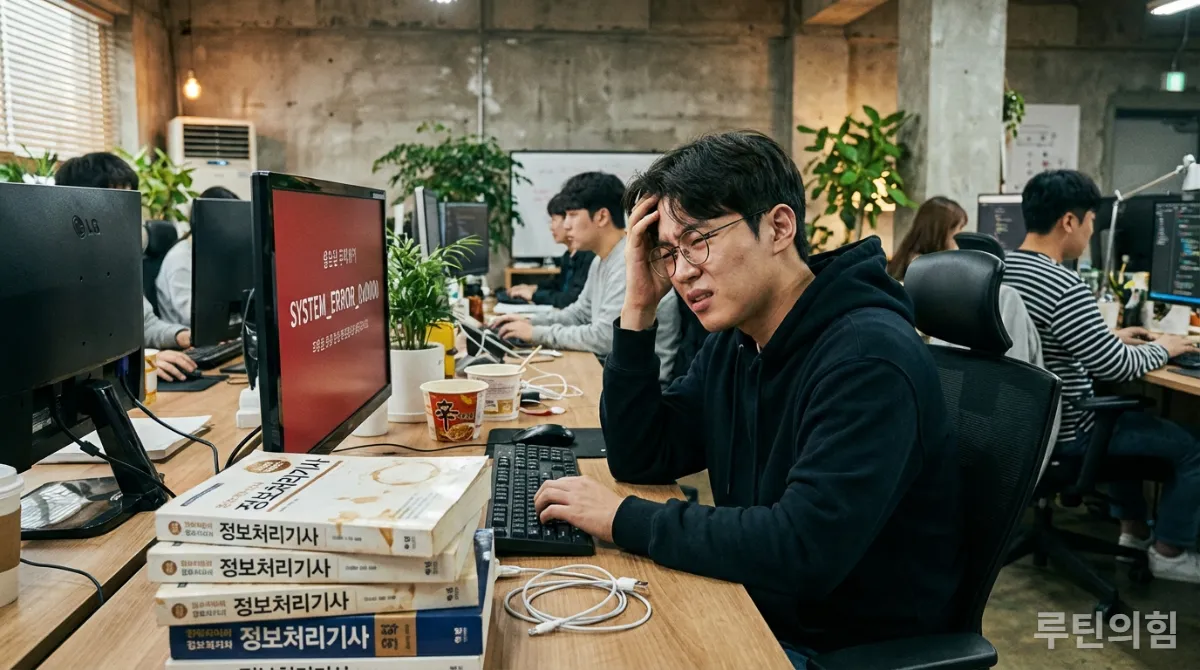실무 문제로 좌절하는 한국인 소프트웨어 개발자의 모습