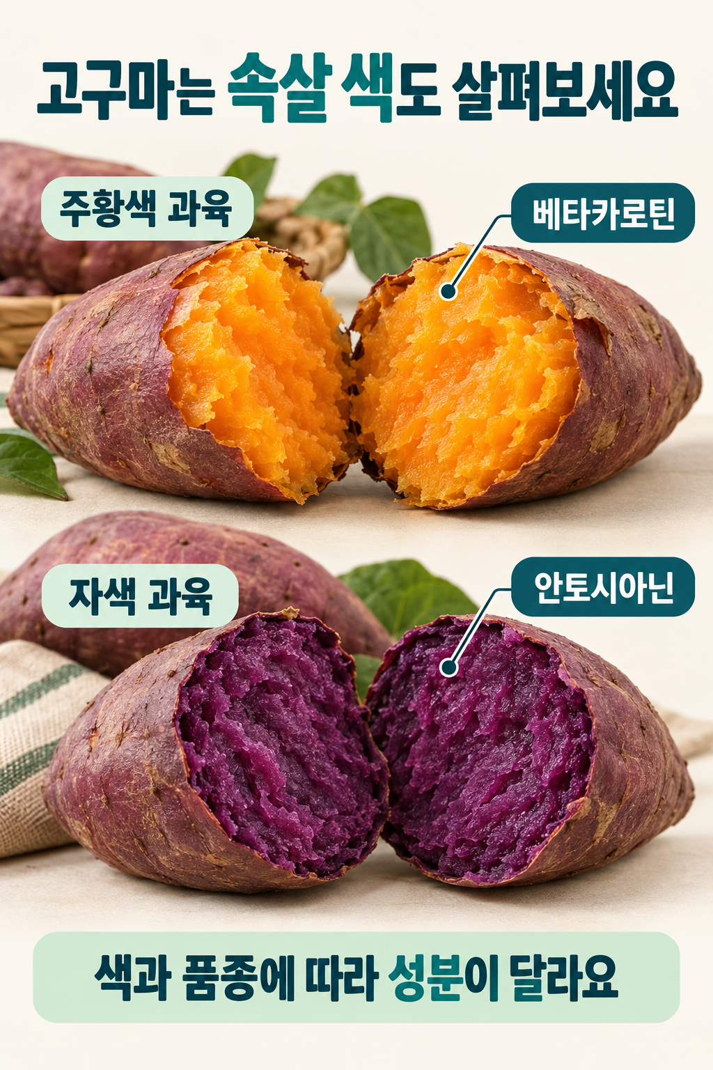 주황색 과육과 자색 과육 고구마의 절단면을 나란히 비교. 주황색 과육은 베타카로틴, 자색 과육은 안토시아닌으로 구분합니다.