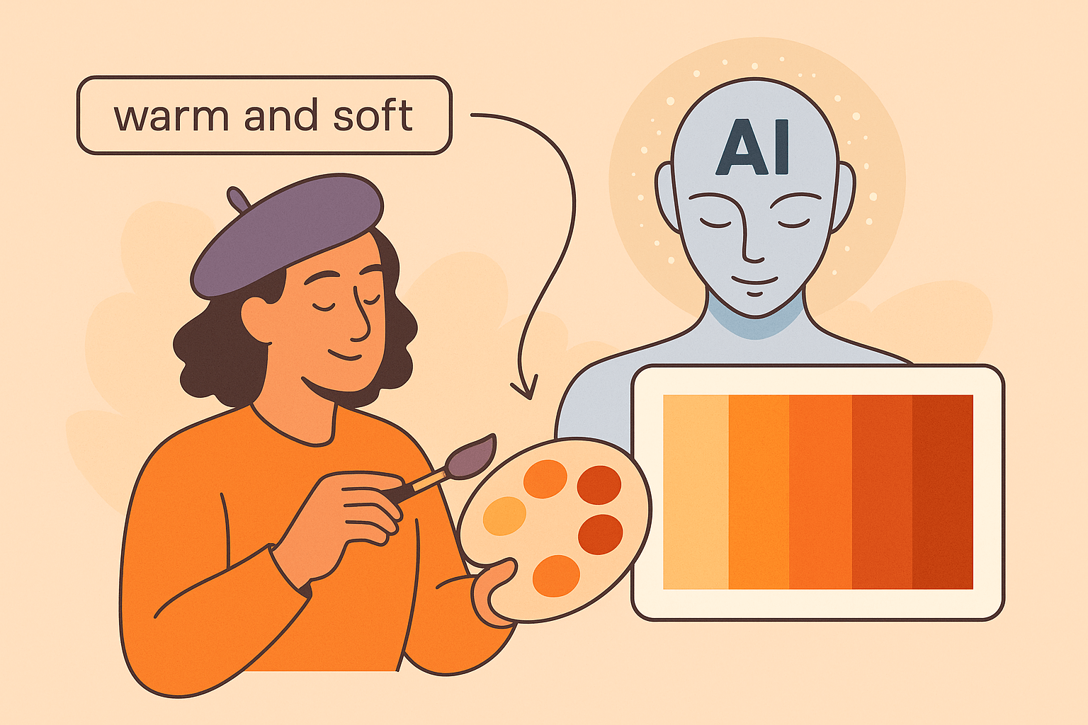 AI가 감성 키워드나 이미지를 분석해 여러 개의 조화로운 색상 팔레트를 자동으로 제안하는 과정을 창의적이고 직관적으로 표현한 인포그래픽 스타일 일러스트