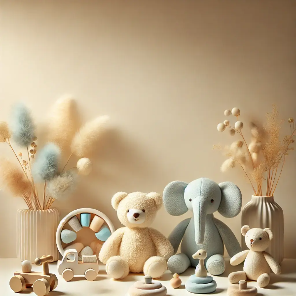 깨끗한 흰 배경 위에 부드럽게 배치된 아동용 인형들의 전문 스튜디오 촬영 사진