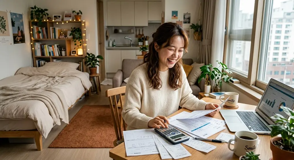 젊은 사람이 계산기와 서류를 보며 웃는 모습, 아늑한 원룸 오피스텔 인테리어
