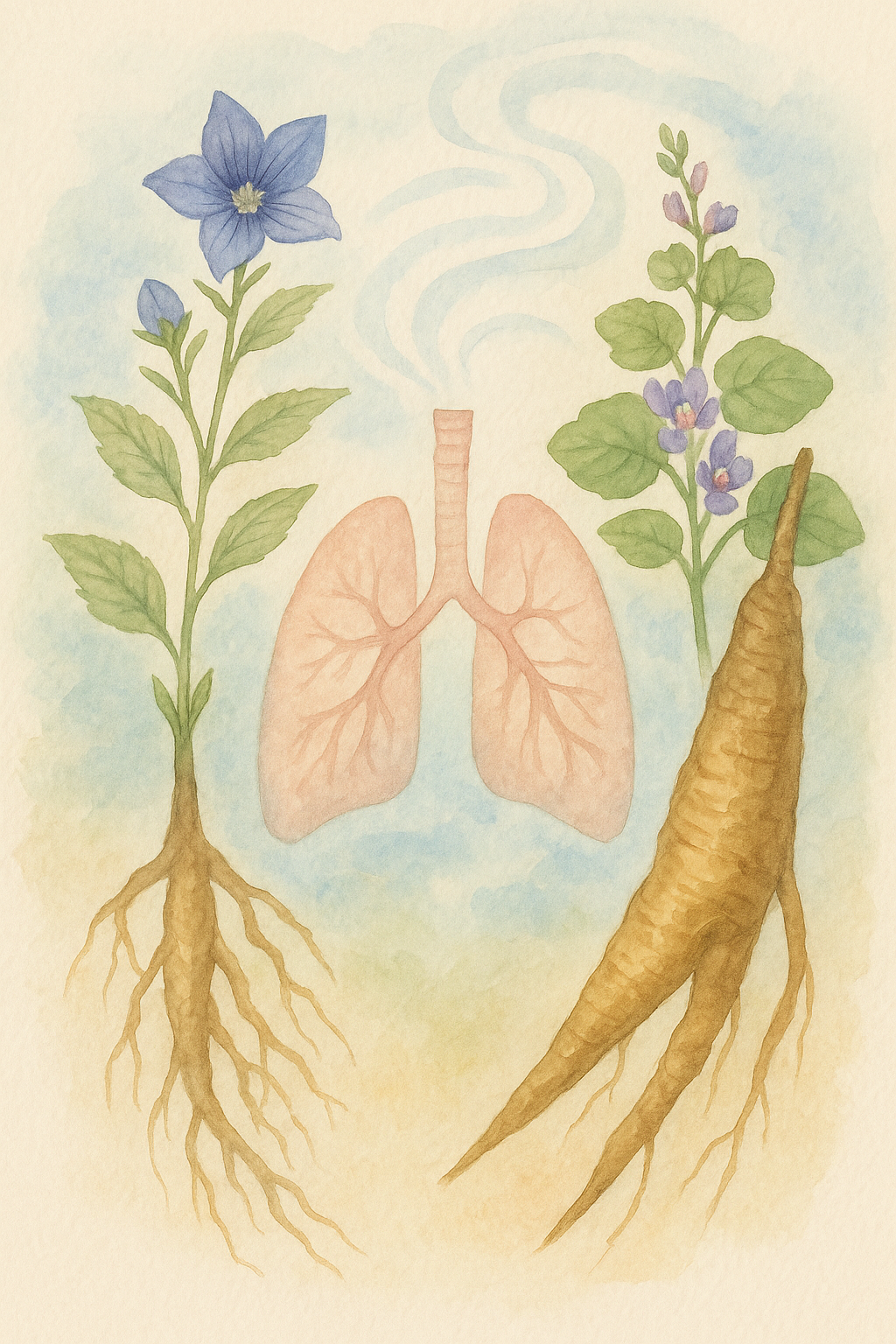 도라지(길경)와 칡(갈근) 뿌리, 그리고 폐 구조를 파스텔톤 수채화로 표현한 기침·호흡기 회복 일러스트
