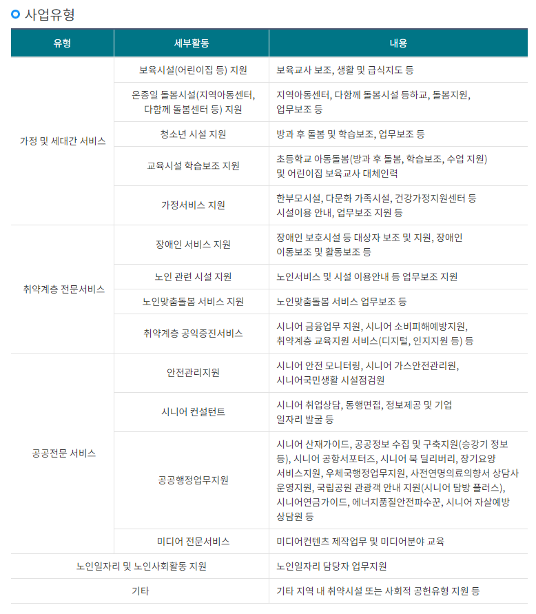노인 일자리 사회서비스형 사업유형 표