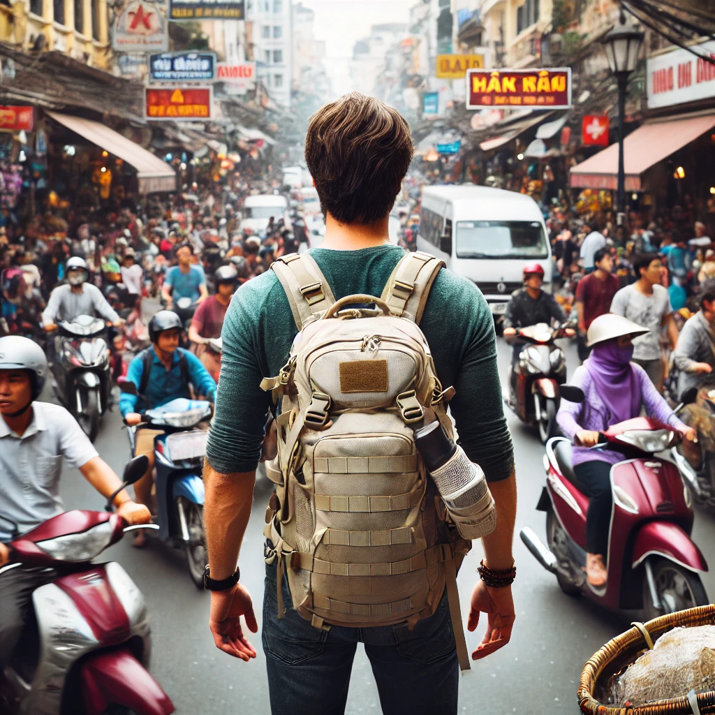 베트남의 붐비는 거리에서 관광객이 가방을 주의 깊게 관리하는 모습