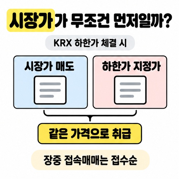 KRX 하한가 체결 시 시장가 매도와 하한가 지정가를 같은 가격으로 취급하고 장중 접속매매는 접수순임을 설명한 그림