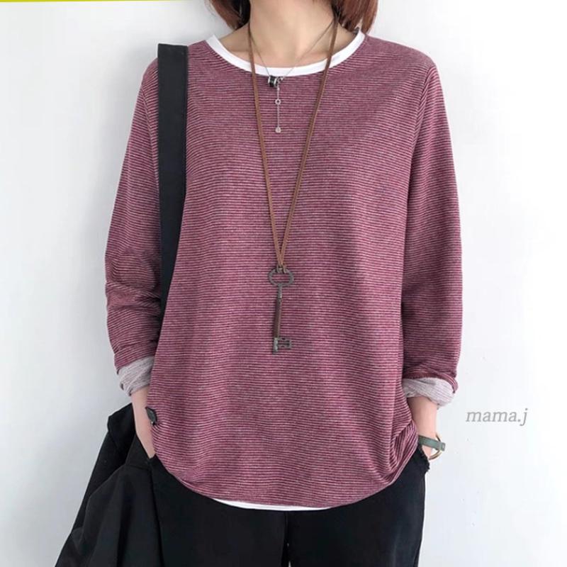중년여성옷 면 스판 단가라 스트라이프 줄 긴팔 티셔츠 50대 마담옷