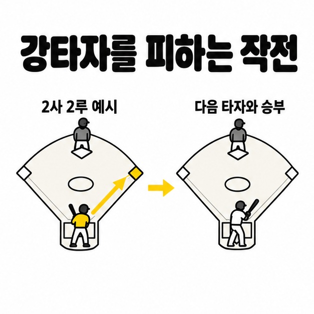 2사 2루에서 강타자를 1루로 보내고 다음 타자와 승부하는 수비 작전 도식