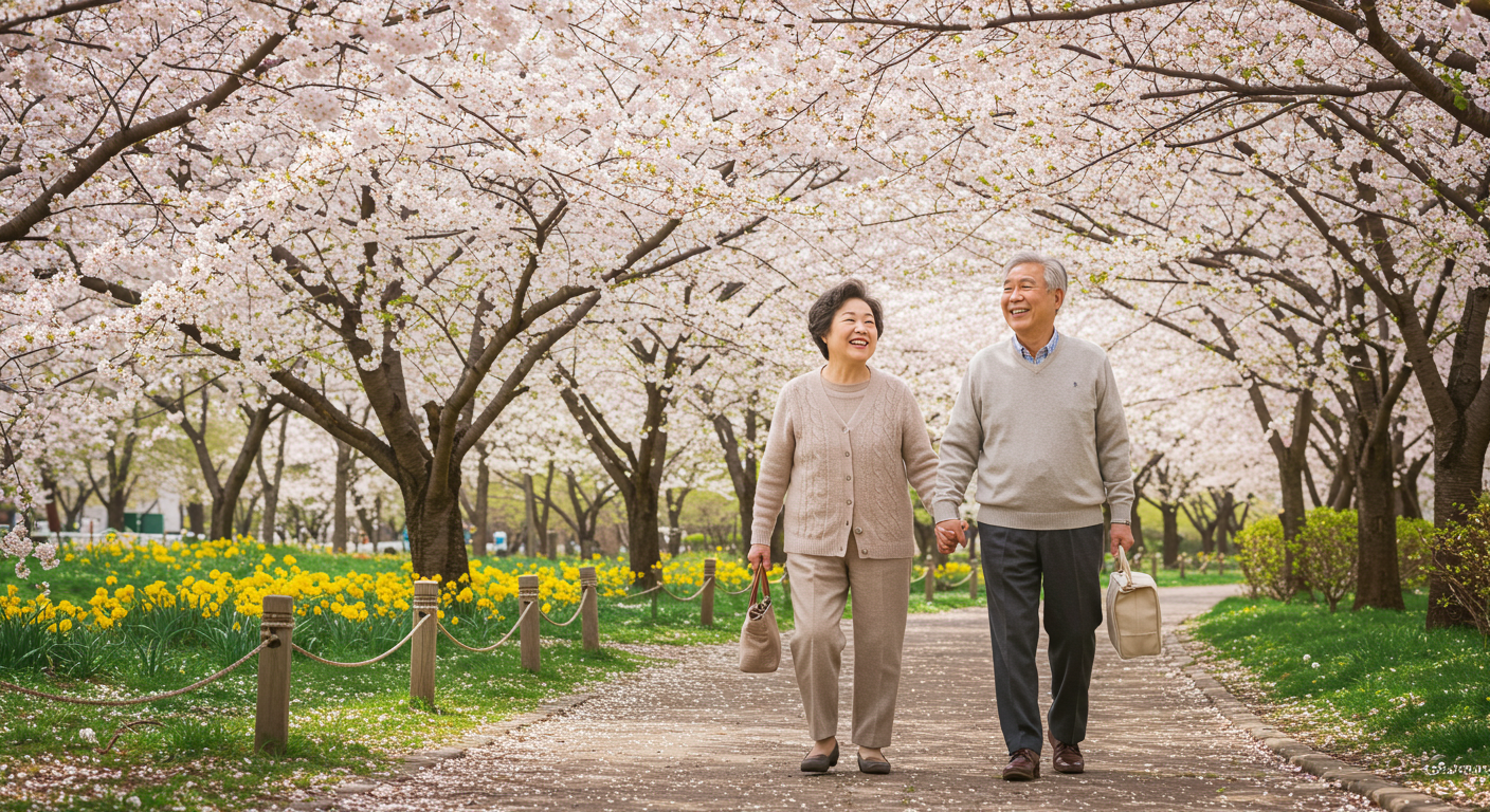 부부가 함께 손을 잡고 환한 미소로 길을 걷고 있다