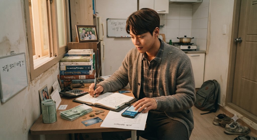 꼼꼼하게 가계부를 작성하고 돈을 아껴쓰고 있는 청년의 모습