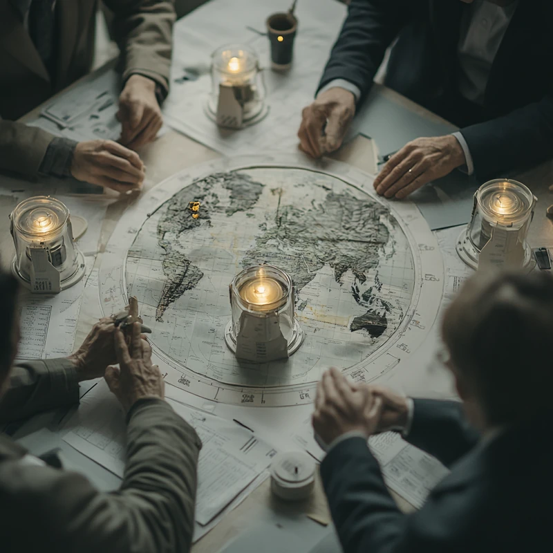 지정학적 긴장이 방위 산업 ETF에 미치는 영향을 보여주는 이미지, 글로벌 중요성과 결정의 긴장감을 전달합니다.