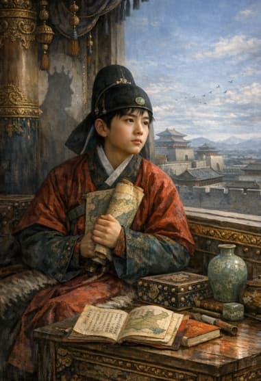 14세기 중반 원나라 대도 궁전 창가에서 서쪽 고려를 바라보는 13~15세 공민왕(왕자)의 모습. 고려식 관복을 입은 채 인질로 머물며, 고려 지도 두루마리를 꼭 쥔 손과 그리움&middot;굴욕&middot;결의가 뒤섞인 눈빛이 &lsquo;언젠가 돌아가 고려를 바로 세우겠다&rsquo;는 다짐을 전한다.