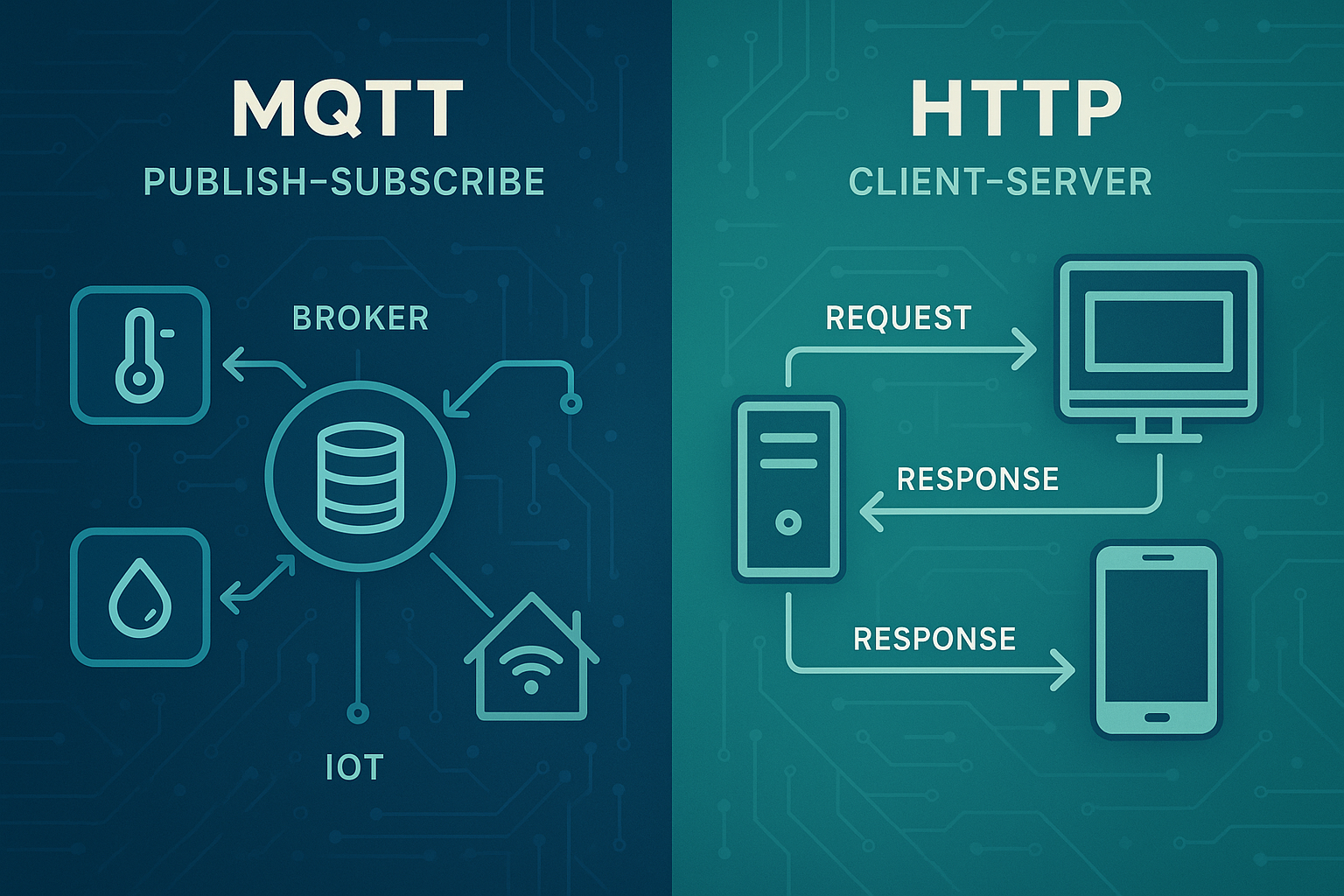 MQTT vs HTTP IoT protocol comparison diagram showing publish-subscribe vs request-response communication models for real-time messaging and API communication