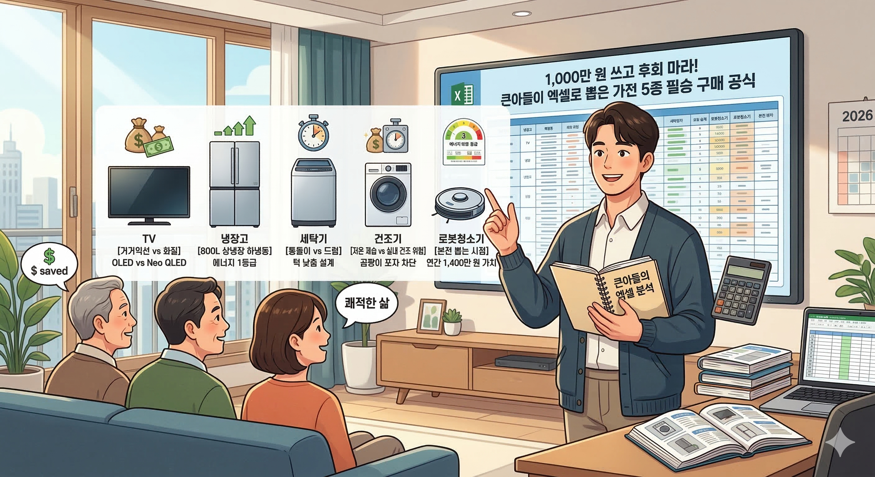 가전구매가이드의 핵심인 TV, 냉장고, 세탁기, 건조기, 로봇청소기의 5종 분석 데이터를 대형 스크린에 띄워두고, 가족들에게 엑셀 시트와 분석 책자를 활용해 가장 합리적인 선택법을 강의하고 있는 신뢰감 넘치는 큰아들의 모습