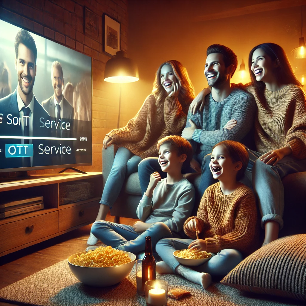 가족이 소파에 앉아 OTT 서비스를 즐기며 따뜻하고 아늑한 분위기를 연출하는 모습
