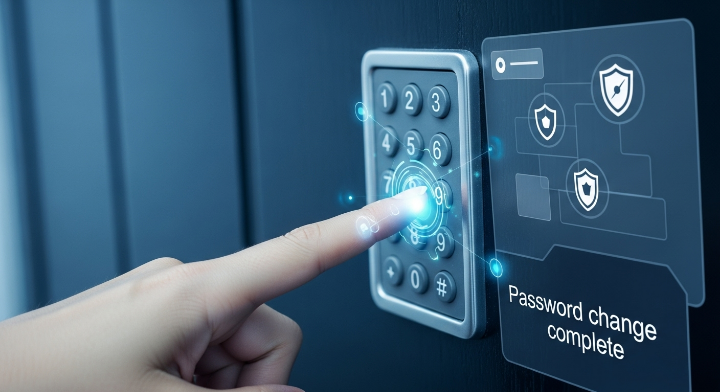 도어락 숫자 패드를 손가락으로 누르는 모습 (손톱 없는 중성적인 손)