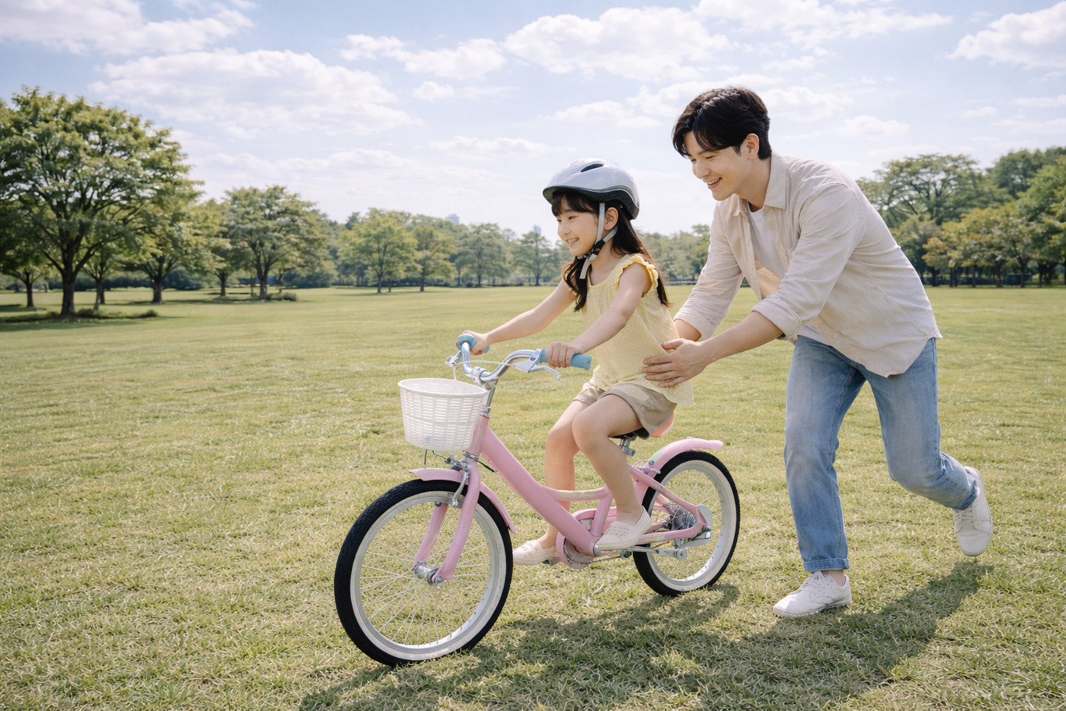 넓은 공원에서 아빠가 뒤에서 잡아주며 8살 여자아이가 자전거를 배우는 따뜻한 순간