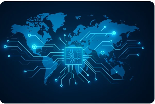 세계 지도 위에 연결된 반도체 회로가 글로벌 공급망을 상징하는 이미지