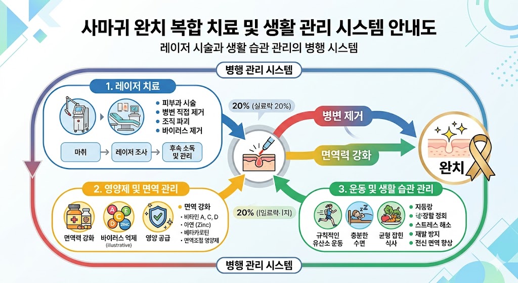 사마귀 완치를 위한 레이저 시술과 생활 습관 관리의 병행 시스템 안내도.