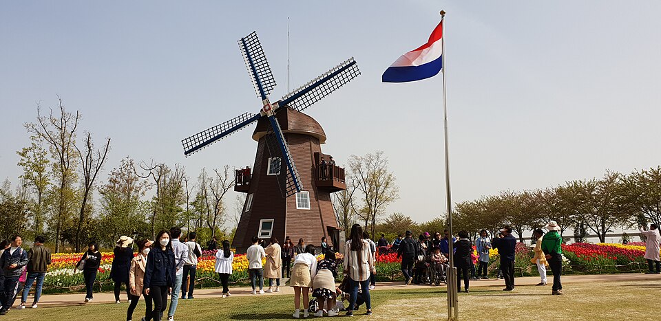 Visitors beside flowerbeds, a dark wooden windmill and a Netherlands flag in Suncheon Bay National Garden.