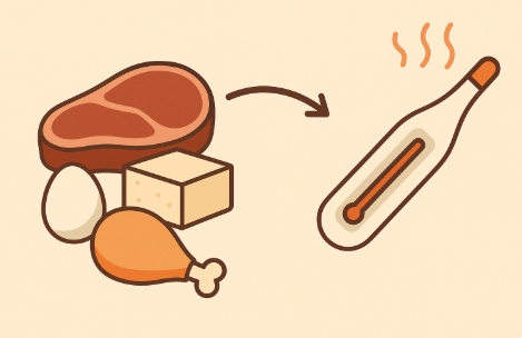 단백질 식품과 체온계가 연결된 일러스트. 좌측에는 고기, 두부, 달걀 등의 단백질 식품이 있고, 우측에는 따뜻한 체온을 나타내는 체온계 이미지가 있는 구성.