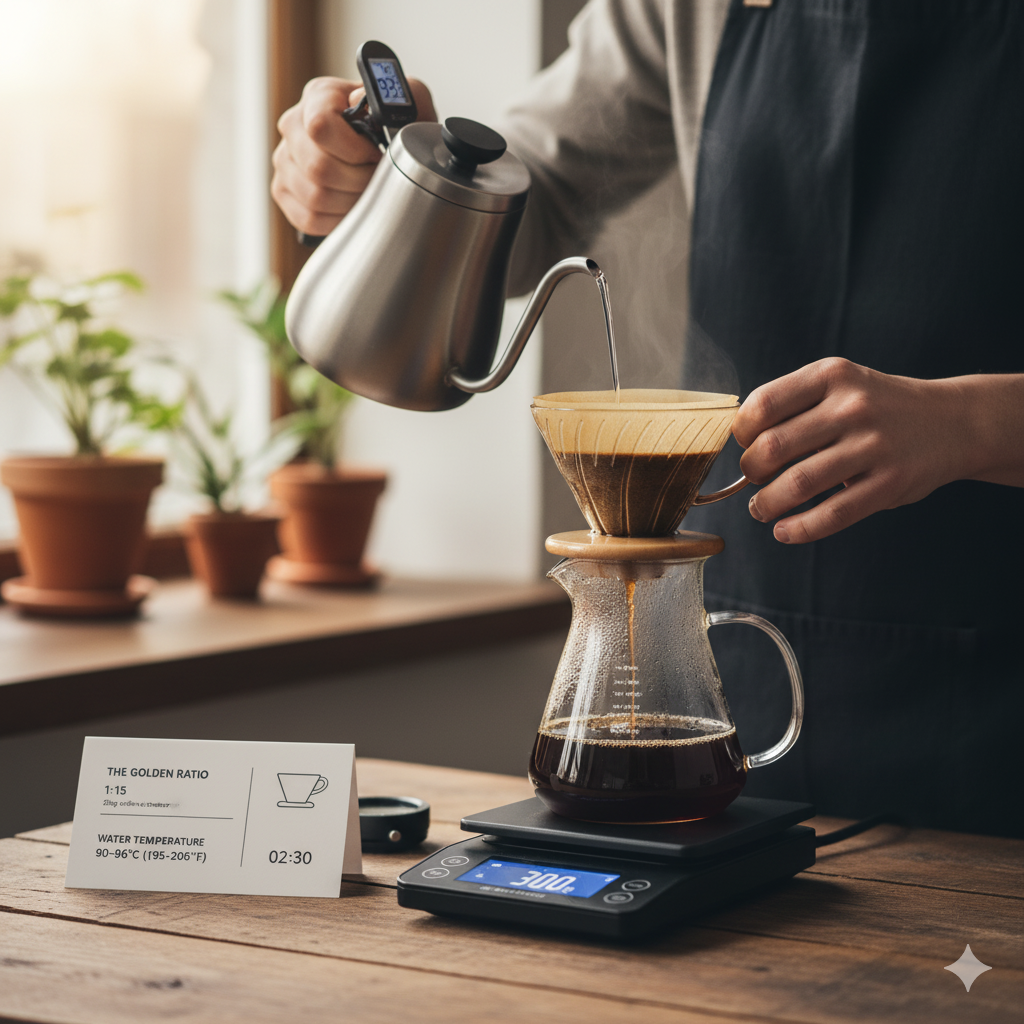 드립커피 추출법에서 물 온도와 황금비율을 설명하는 핸드드립 장면(이미지 생성:google)