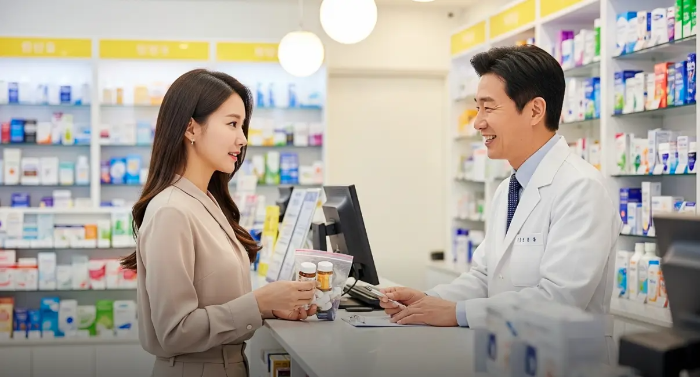 약국에서 약 받는 여자
