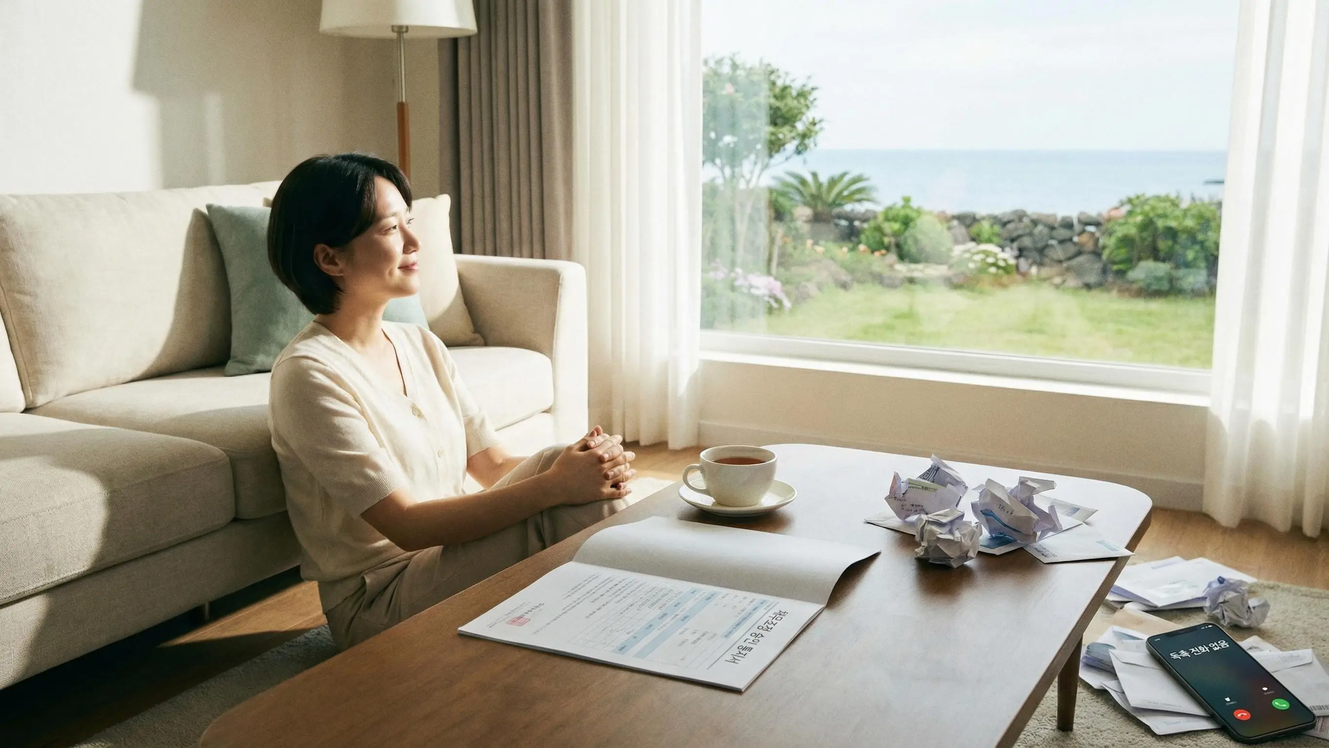 채무 조정 신청 서류가 승인되어 독촉 전화와 우편물이 멈추는 것을 상징하는 평온한 이미지