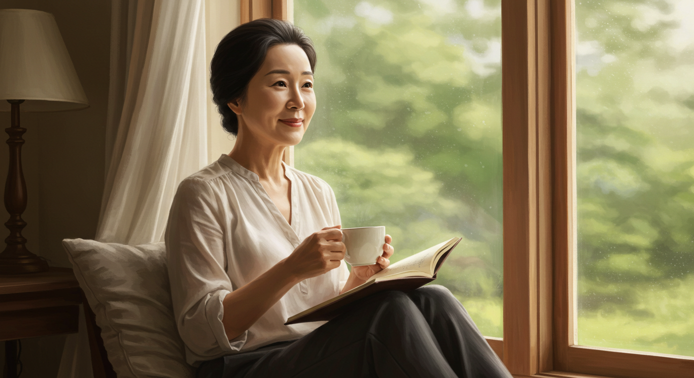 창가에서 차를 마시는 여성