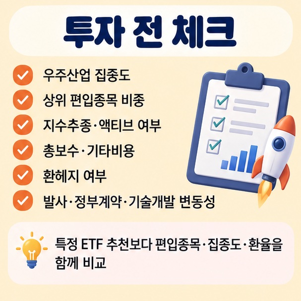 산업 범위 상위 편입종목 집중도 지수추종과 액티브 보수 환율 우주산업 변동성을 확인하는 투자 체크리스트 이미지
