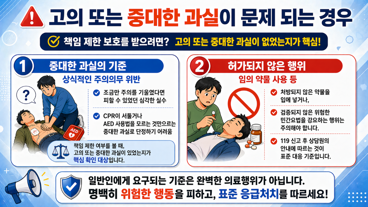 고의 또는 중대한 과실 판단 기준과 위험한 응급처치 사례를 설명하는 인포그래픽