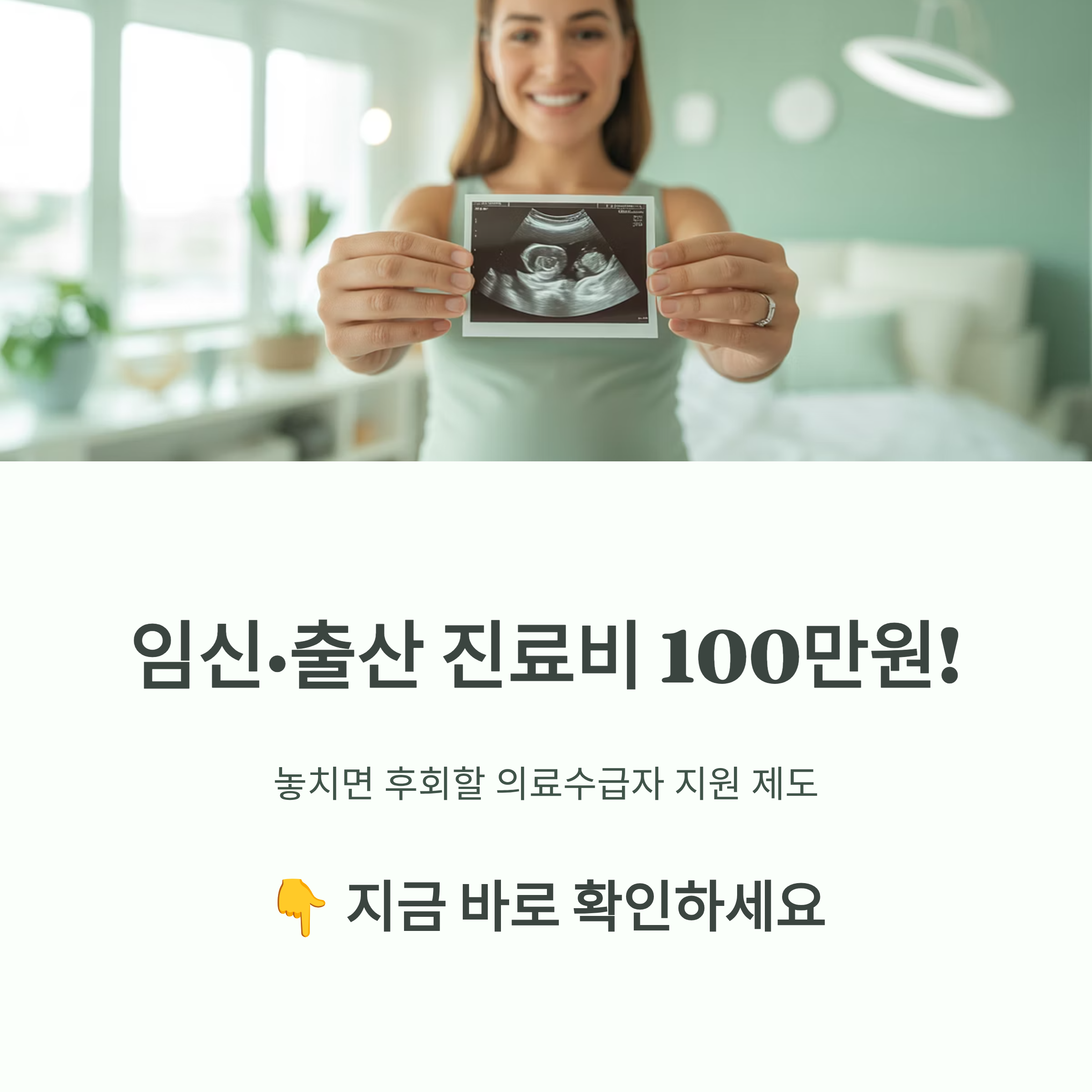 임산부가 초음파 사진을 들고 미소 짓는 장면으로, 임신·출산 진료비 100만원 지원 제도를 소개하는 인포그래픽 이미지