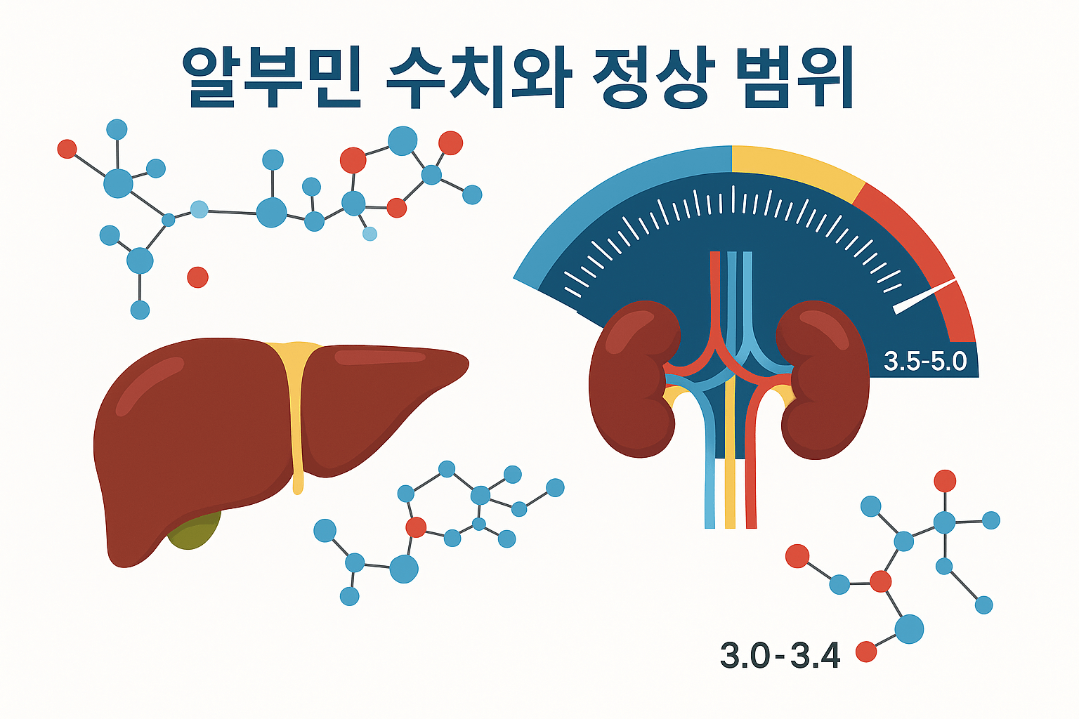 알부민 정상 범위를 보여주는 인포그래픽: 간·신장 아이콘과 3.5–5.0 g/dL 게이지