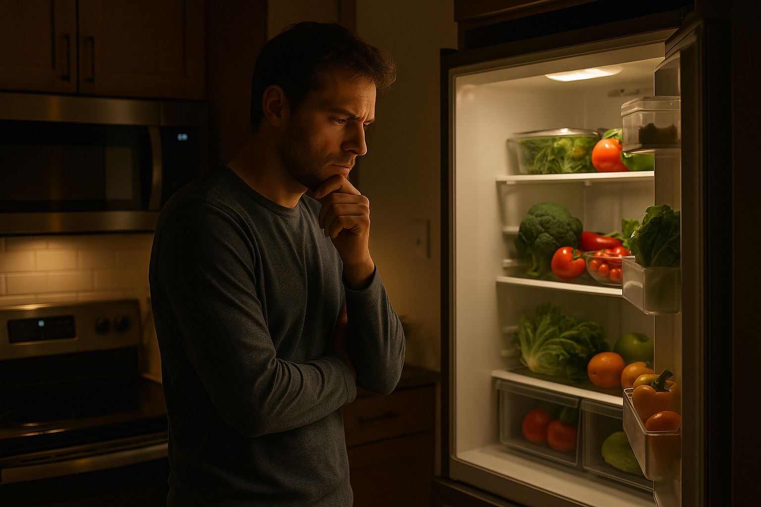 밤에 냉장고 앞에서 야식을 고민하는 모습, 건강한 식습관 개선 프로젝트의 시작점