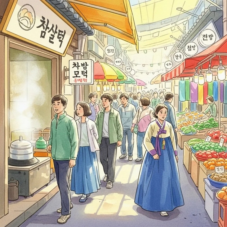 활기찬 전통 시장 골목에 위치한 찹쌀떡 가게