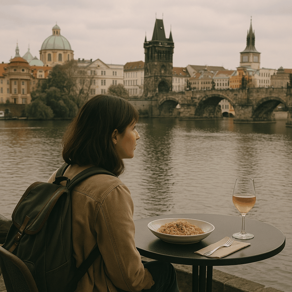 프라하의 카페에서 혼자 식사하며 풍경을 감상하는 젊은 여성의 여유로운 순간을 담은 사진