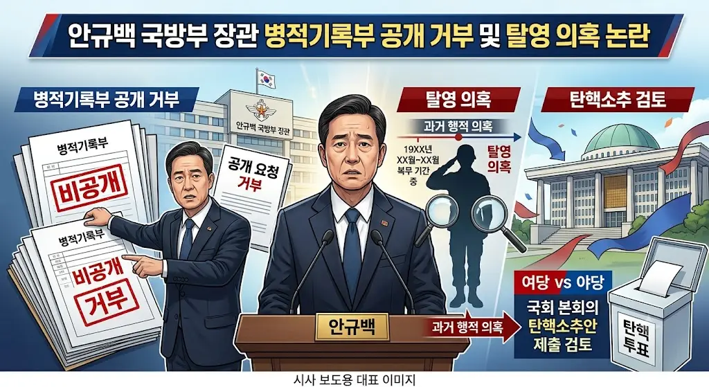 안규백 국방부 장관 병적기록부 공개 거부 논란과 탈영 의혹 및 탄핵소추 검토 상황을 설명한 대표 이미지