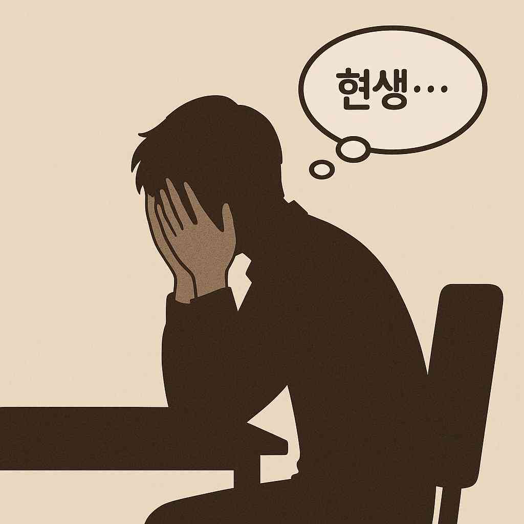 현생에 지쳐 책상에 엎드린 사람과 말풍선에 '현생...'이라고 적힌 감성 일러스트