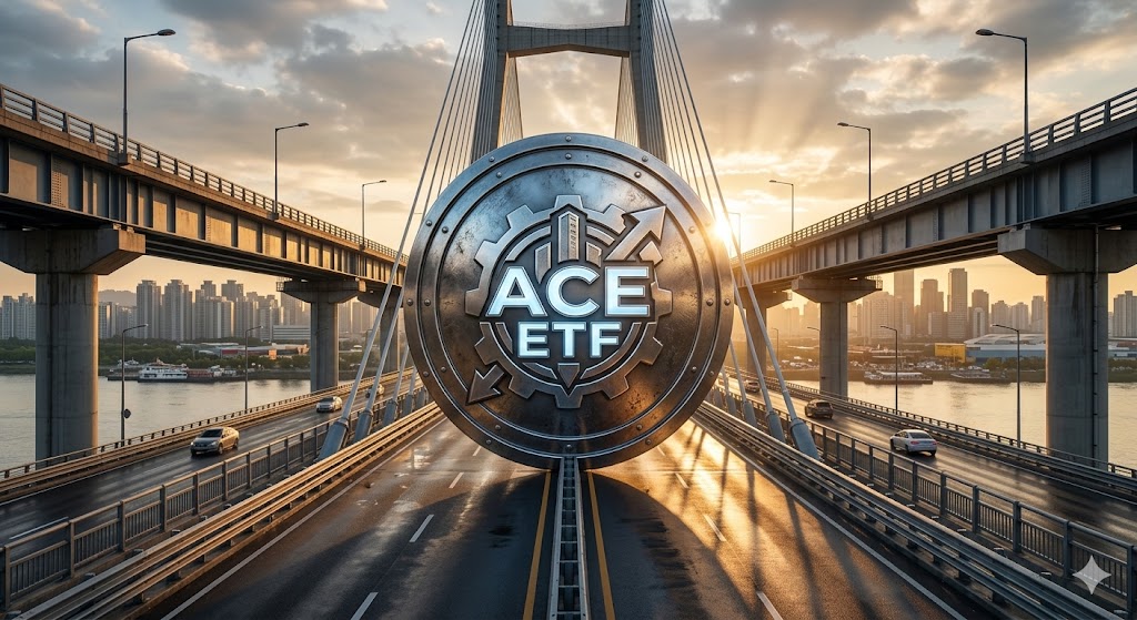 거대한 고속도로 배경으로 ACE ETF 로고가 방패처럼 서 있는 모습