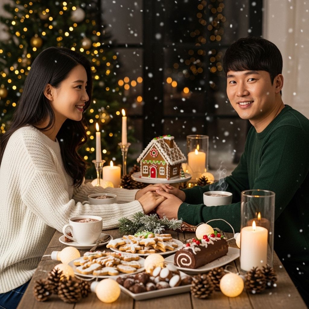 크리스마스 선물, 테이블에서 손을 맞잡고 있는 연인