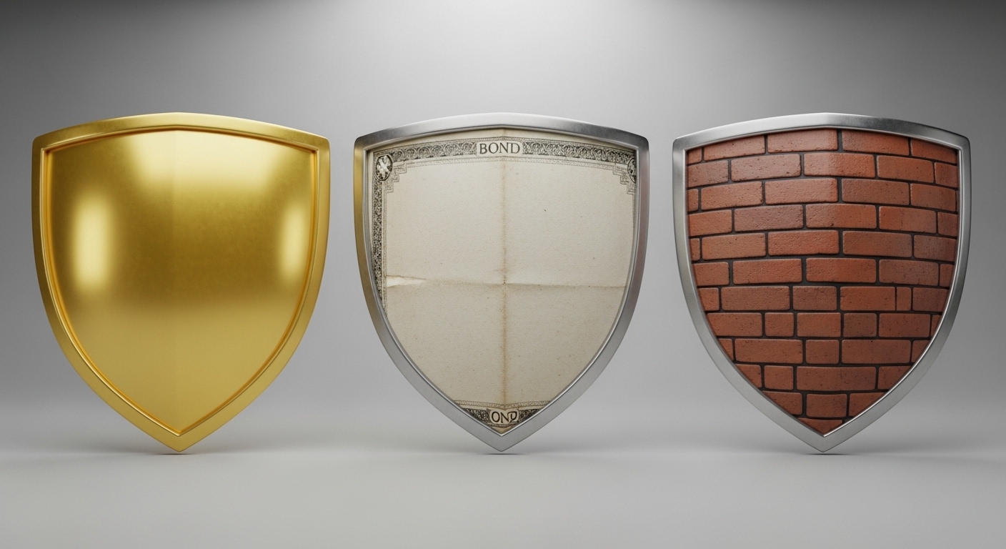 Three shields standing side by side. The first shield is golden (Gold), the second has a paper texture (Bonds), and the third has a brick pattern (REITs).