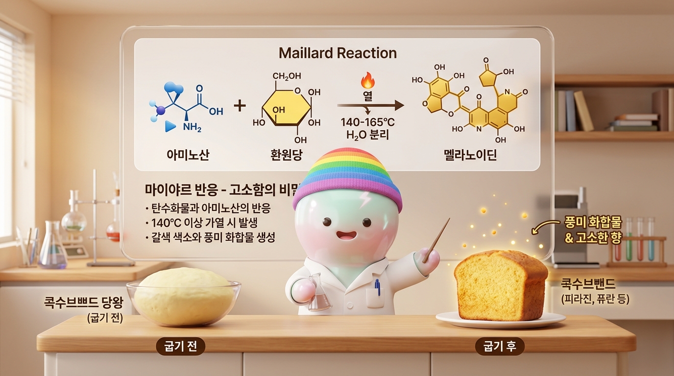 쫀쿠가 과학 교수처럼 교육용 다이어그램으로 마이야르 반응을 설명하는 장면. 열(140-165&deg;C 온도 표시) 하에서 반응하는 아미노산과 환원당의 분자 구조 일러스트, 황금-갈색과 복잡한 향미 화합물 생성. 분할 시각: 왼쪽은 생 옥수수빵 반죽(창백), 오른쪽은 완벽하게 구워진 황금-갈색 옥수수빵과 향미 분자들이 황금 입자로 떠다니는 모습. 한글 텍스트: '마이야르 반응 - 고소함의 비밀'.