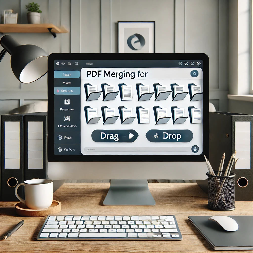 컴퓨터에서 PDF 병합 도구를 사용하는 현대적인 업무 환경