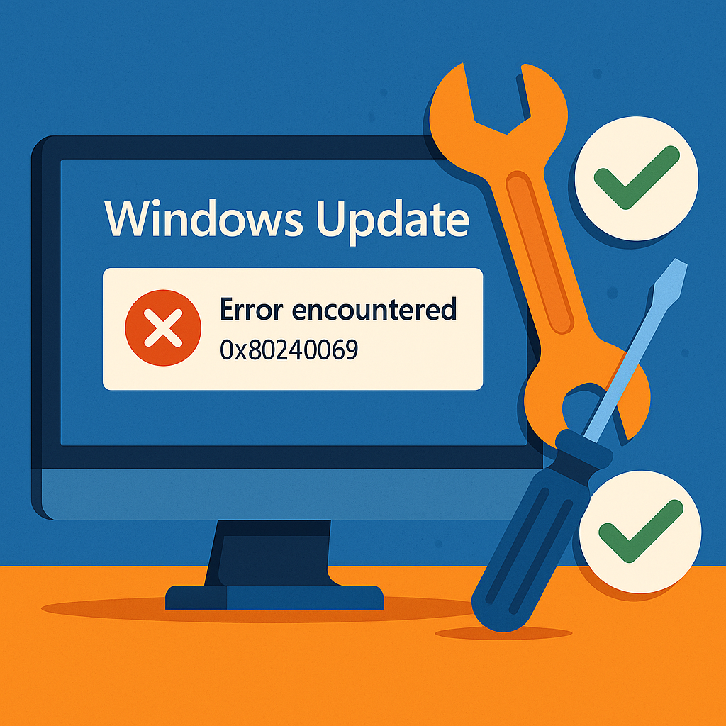 Windows 업데이트 오류를 나타내는 컴퓨터 화면과 해결책을 상징하는 도구들을 함께 보여주는 이미지