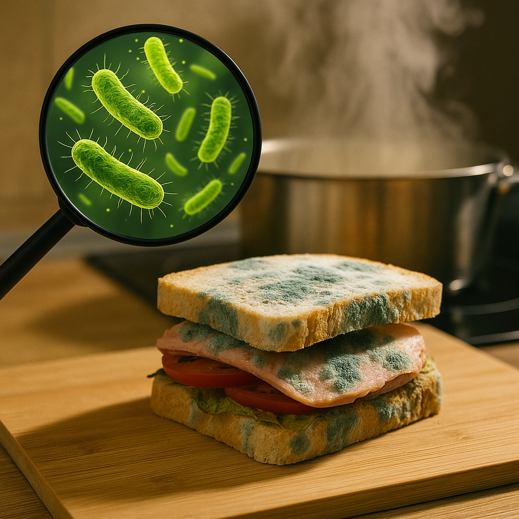 곰팡이가 핀 샌드위치와 확대경으로 본 세균 이미지