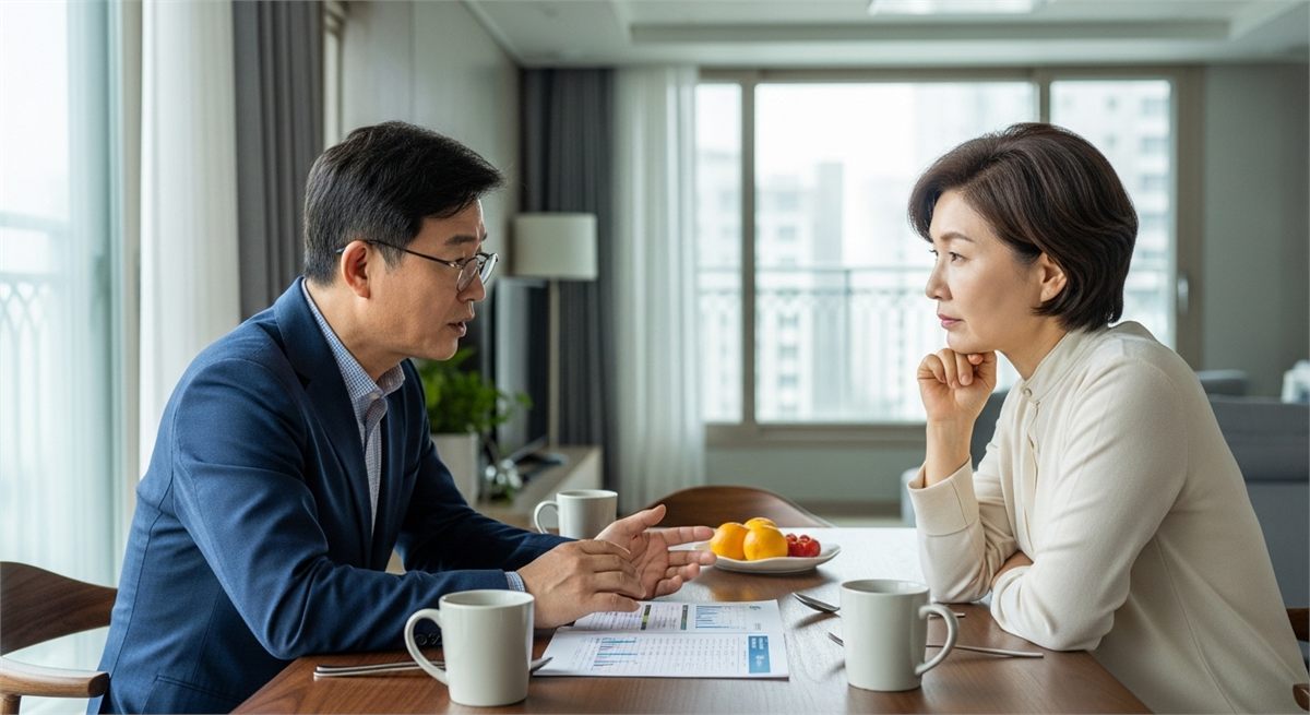 정년과 연금 계획을 상의하는 한국인 부부의 식탁 장면