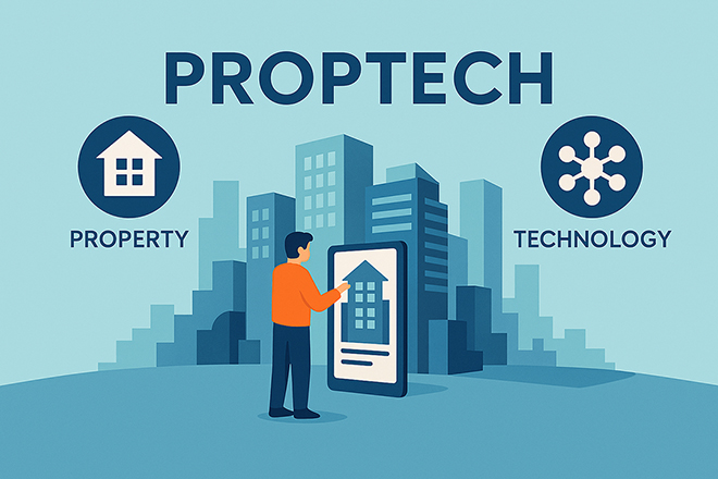부동산과 기술의 결합인 프롭테크(PropTech) 개념을 상징하는 디지털 그래픽 이미지
